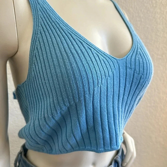 Intimately by Free People Top Womens  Blue Ribbed Halter Cropped Cami Tank Top - Picture 2 of 5